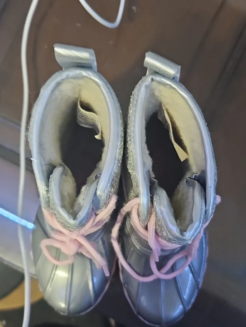fabkids Silver Glitter Duck Boots with Pink Laces and Trim